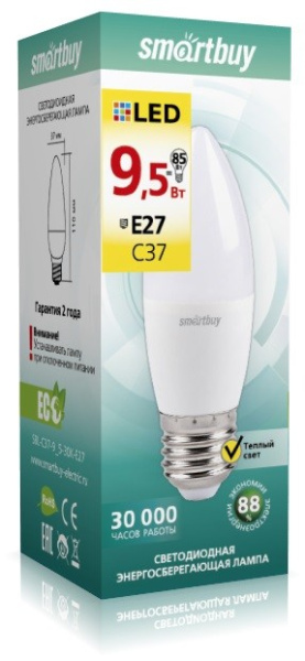 Изображение: лампа светодиодная (led) smartbuy-c37-9,5w/3000/е27 в Минске