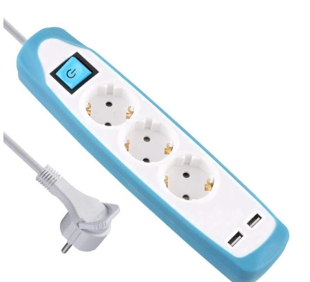 Изображение: удлинитель 3р кабель пвс 3g1,0 мм 2м с двумя usb разъемами белый/голубой в Минске