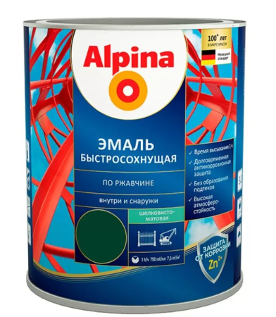 Изображение: грунт-эмаль алкидная alpina эмаль быстросохнущая по ржавчине (ral 6005 зеленый 0,75л) в Минске